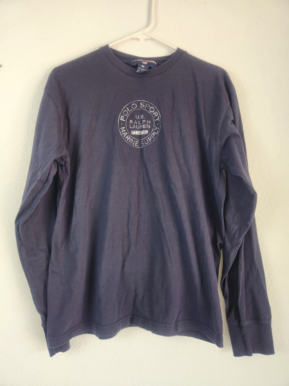 Vintage Polo Sport Ralph Lauren T-Shirt Blue Men Medium Marine Supply Long Sleev